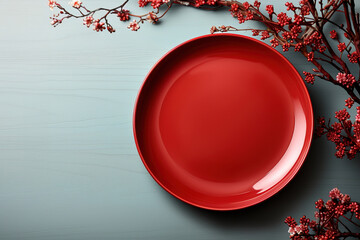 wallpaper with asian plates, cups, plants and flowers minimalistic fineart, with empty copy space