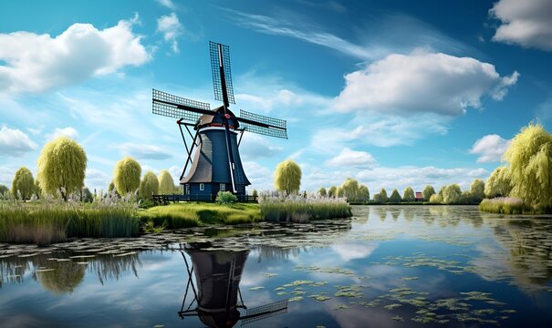 windmill in a beautiful flower garden, ai generative