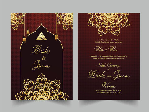 Beautiful Golden and Brown Color Islamic Wedding Invitation Cards with Mandala Pattern in Front and Back Look.