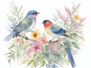 Pressed beautiful wild flowers and birds background. Eucalyptus styled. Watercolor effect.
