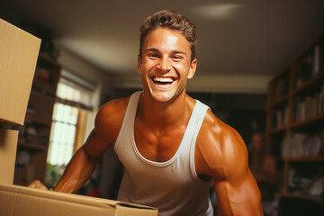 Impressive muscular man effortlessly lifting heavy box in apartment filled with moving boxes, symbolizing strength, change and new beginnings.