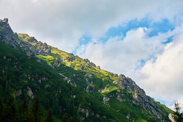 Mountains covered with green forest agains blue cloudy sky. Natural landscape