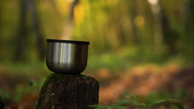 Pour hot tea from Temos into a cup in the autumn forest
