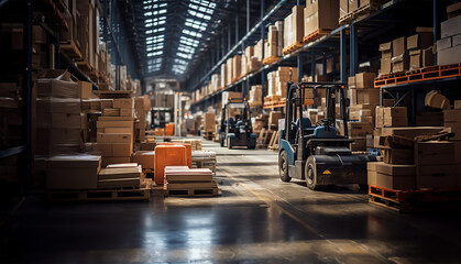 retail warehouse full of shelves with goods in cartons - obrazy, fototapety, plakaty
