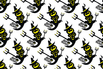 Halloween seamless pattern with black, yellow and white on white background
