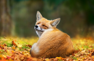 Fox lies in the autumn forest