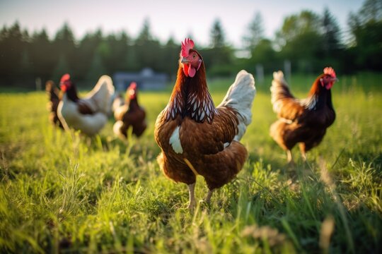 Enjoyable photo of free range chickens in the pasture.