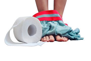 Men's foot with their pants down on the toilet floor, isolated on a white background. Concept of...