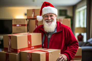 Enchanting Santa Claus in red suit joyously preparing for Christmas amidst a lively apartment setting filled with moving supplies, symbolising change and new beginnings.