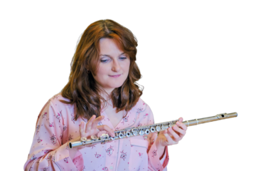 Music lessons over the Internet during quarantine due to coronavirus, isolated on a white background. Teaching musicians to play the flute
