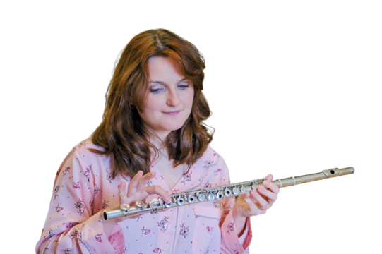 Music lessons over the Internet during quarantine due to coronavirus, isolated on a white background. Teaching musicians to play the flute