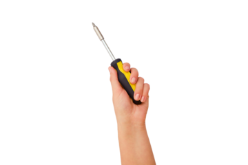 Hand with a screwdriver for repairing electrical outlets at home, isolated on a white background