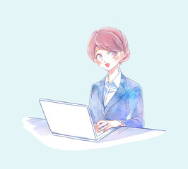 ノートパソコンを操作するビジネスパーソン　笑顔