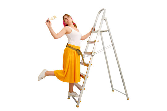 Russian Woman Painter In A Red Bandana Stands On A Stepladder, Isolated On A White Background