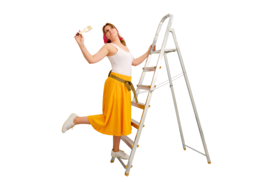 Russian woman painter in a red bandana stands on a stepladder, isolated on a white background