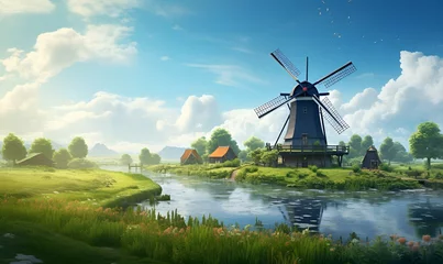 Rolgordijnen windmill in a beautiful flower garden, ai generative © Miftah