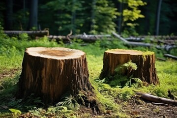 Many tree stumps in summer forest. Deforestation and forest degradation.