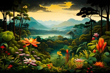 Impressionist Style Image of the Amazon Rainforest at Sunrise