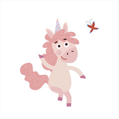 Funny cartoon child Unicorn. Happy unicorn character playing with butterfly