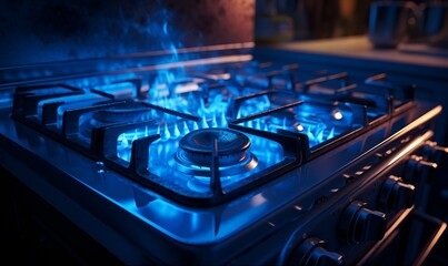 gas stove burning with blue and yellow flames, ai generative - obrazy, fototapety, plakaty