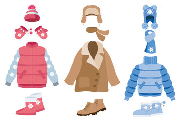 Warm winter clothes mega set elements in flat design. Bundle of different coat and jackets with snowflake ornament, mittens, hats and scarves, boots. Vector illustration isolated graphic objects