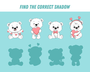 Obraz premium Find correct shadow of polar bear. Educational logical game for kids. Cartoon bear with pink heart. Handwriting practice. Activity page. 
