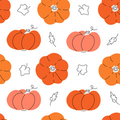 Pumpkins seamless pattern. Doodle autumn harvest and leaves modern print design. Vector endless background for wrapping, cards and textile.