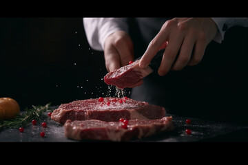 Chef hands cooking meat steak and adding seasoning in a freeze motion, Fresh raw Prime Black Angus beef rump steak, banner, menu recipe