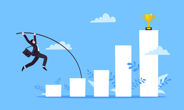 Businessman jumps pole vault over graph bars flat style design vector illustration business concept. Business growth and goal achievement concept.