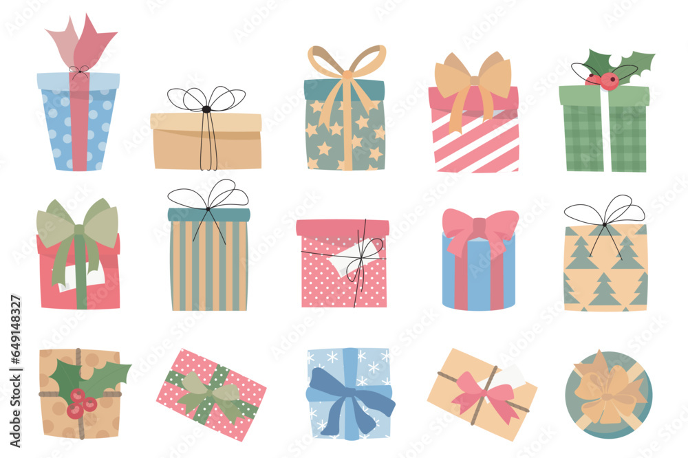 Aufkleber presents mega set elements in flat design. bundle of different types of holiday gift boxes with bows