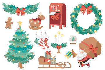 New Year mega set elements in flat design. Bundle of festive fir tree, holly wreath with bows, cookie, reindeer, mailbox, garland, Santa Clause with gifts. Vector illustration isolated graphic objects