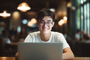 Portrait of Cheerful Male Student Learning Online in Coffee Shop, Young Asian Man Studies with Laptop in Cafe, Doing Homework - obrazy, fototapety, plakaty