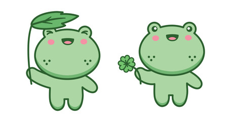 Obraz premium Cute Kawaii Frog, Froggy, Amfibian with luck four leaf and umbrella leaf