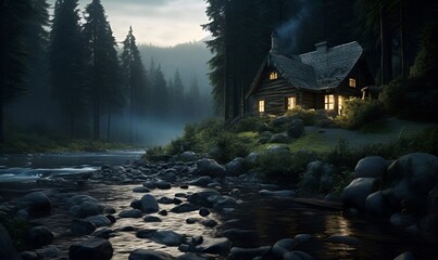 quiet cabin in the middle of the riverside forest, ai generative