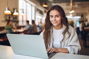 Portrait of Beautiful European Female Student Learning Online in Coffee Shop, Young Woman Studies with Laptop in Cafe, Doing Homework