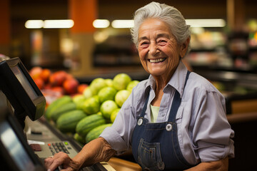 Joyful elderly woman adding vibrancy to her retirement as a supermarket cashier, illustrating diligent work ethos and positive attitude.