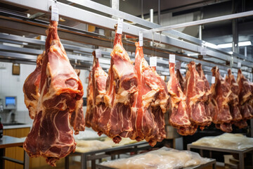 Meat processing plant. Raised meat for further processing in the production hall. The arrival of jamon or cold cuts. Natural fresh meat product. Production of pork or beef in a modern enterprise.