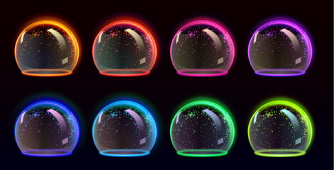 Sphere shield with glow textured surface for covering and protection - realistic 3d vector of shining defensive globe with transparency effect. Neon glass half ball with force field or energy barrier.