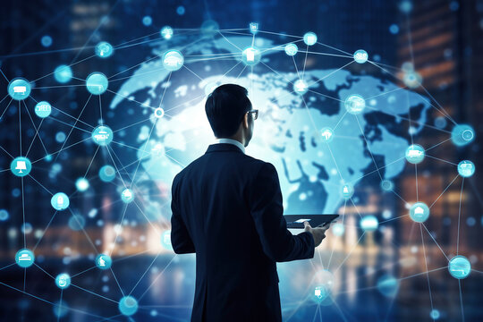 Photo of a businessman using a tablet to navigate a global market