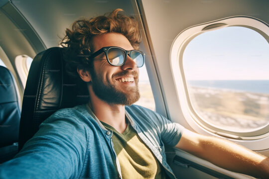 Cheerful caucasian man in casual wear and glasses traveling and taking picture of view outside through airplane window