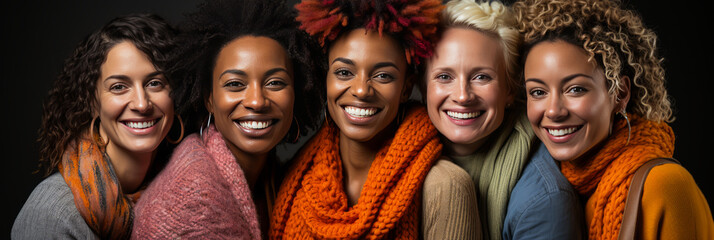 Vibrant image of diverse friends exhibiting warmth, standing side-by-side in colorful sweaters symbolizing the cozy nature of their friendship.