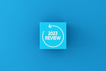 Year 2023 annual business review, analysis and evaluation. The message 2023 review on blue cube. - obrazy, fototapety, plakaty