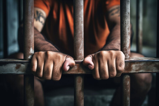 The male prisoner grabbed the prison bars with his hands. The pain and suffering of the prisoner. The inevitability of a judicial verdict. Hopelessness. The punishment of the criminal.