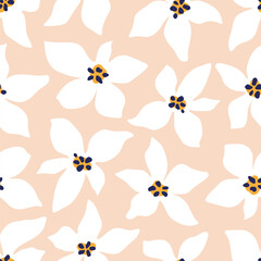 Abstract Bright Flower Bold Seamless Pattern. Colorful Organic Floral Shapes Creative Print. Peach Colors Vector Illustration. Trendy Bold Daisy Pattern for Wallpaper, Wrapping Paper, Packaging.