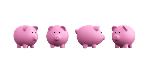 Piggy bank with different angles isolated on white background. Economy, Funds, Savings, budgeting, financial planning.