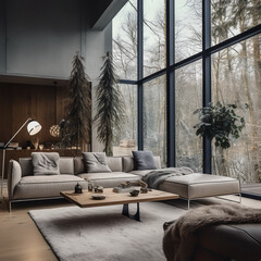 Modern Nordic interior, very luxurious with sofas, chairs and tables in soft colors
