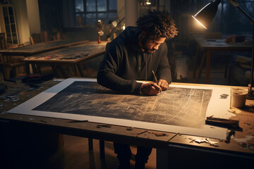 Busy black man drawing lines on a big canvas with painting on a table