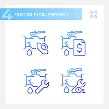 Pixel perfect gradient icons set representing plumbing, blue thin line illustration.