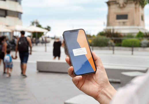 Mockup of person using smartphone with customizable screen in city scene