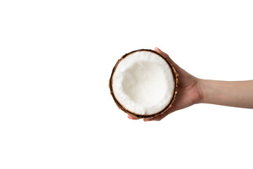 Healthy and diet: Hand holding half of coconut on a white background. - obrazy, fototapety, plakaty